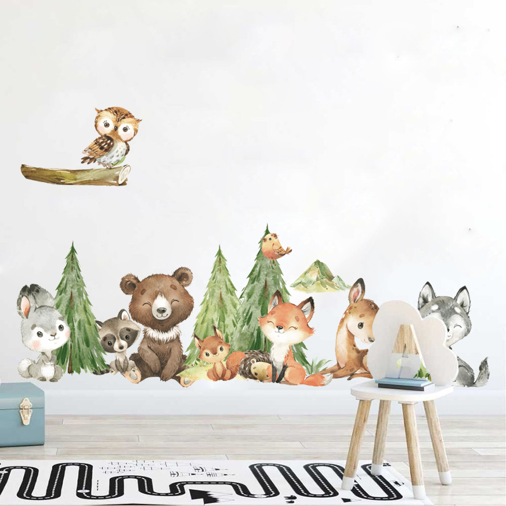 Baby Nursery Tree - Cartoon aquarel bos dier muursticker kinderkamer