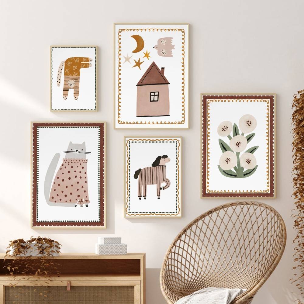 Baby Nursery Wallpaper Neutral - Neutrale Boho kinderposter schattige kat paard