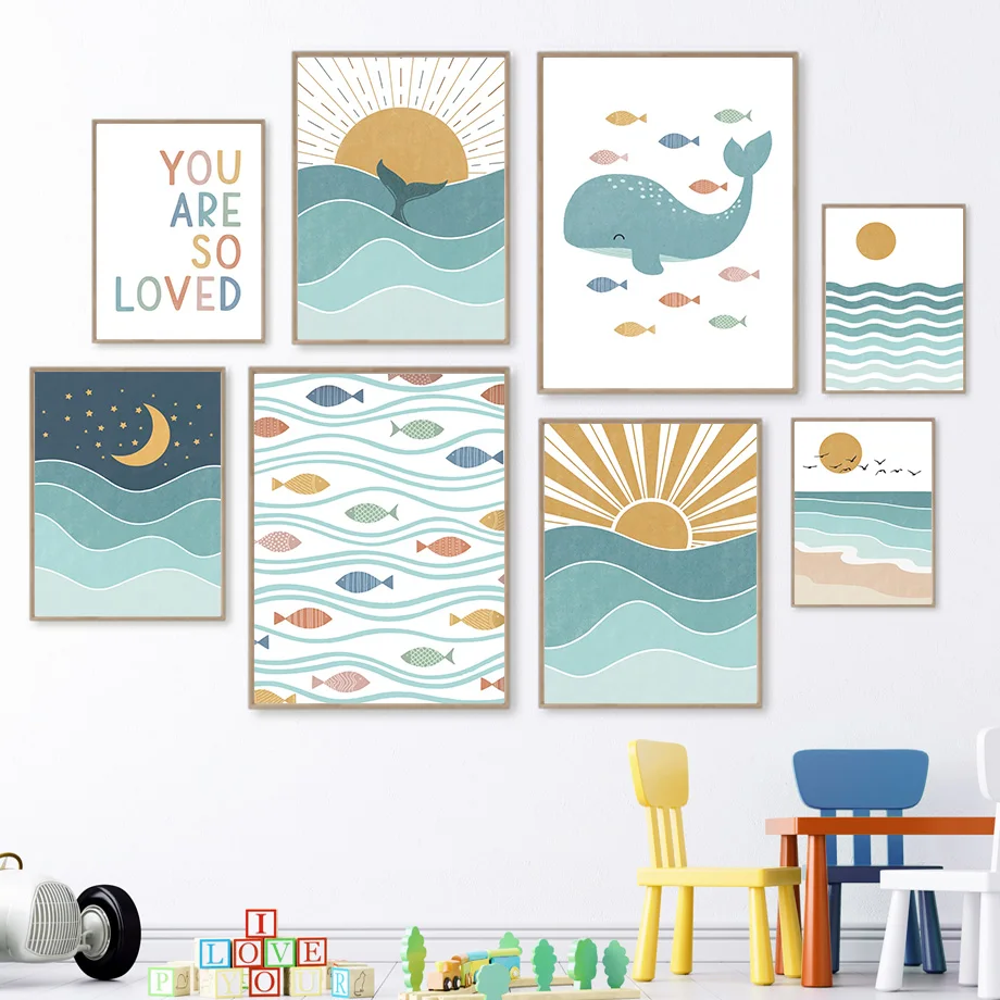 Baby Nursery Quotes Wall Art - 1pc frameloze Vis Walvis Meeuw Zonsopgang