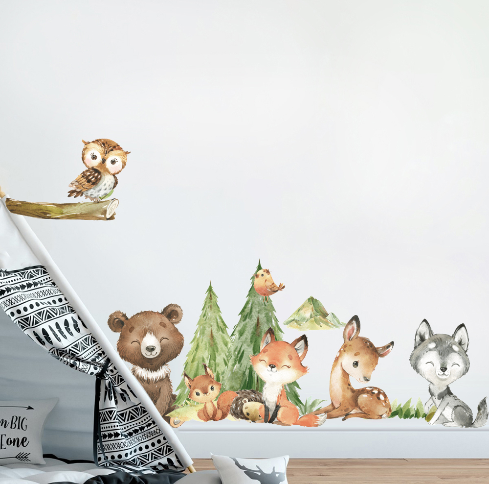 Cartoon aquarel bos dier muurs - Baby Nursery Tree recensie en prijs